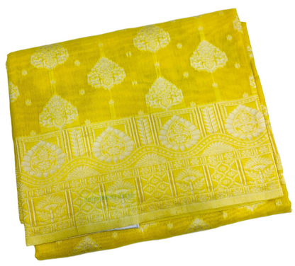 Banaras Katan Saree Lemon Yellow Colour with Katan Work Border