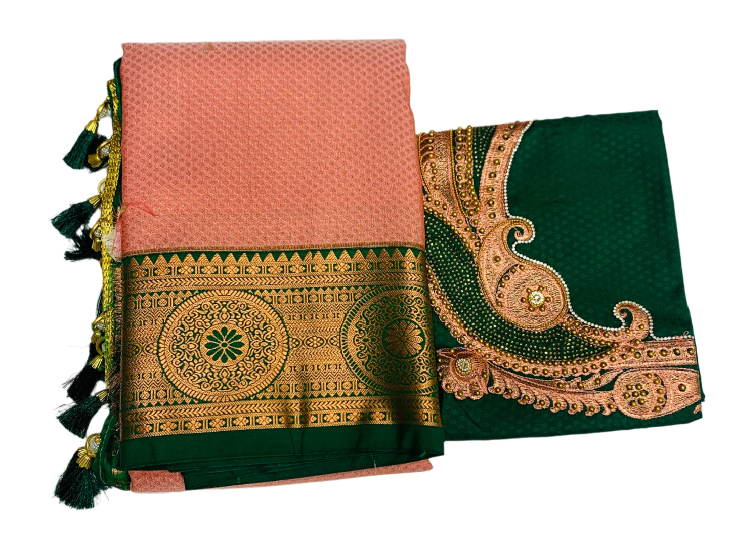 Bridal Vegan Silk Saree Sandal Colour with Green Border with Unstitched blouse in Aari work