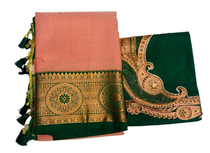 Bridal Vegan Silk Saree Sandal Colour with Green Border with Unstitched blouse in Aari work