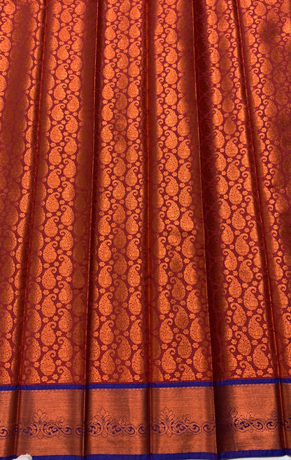 Vegan Silk Saree Dark Maroon Colour with Copper and Blue Border