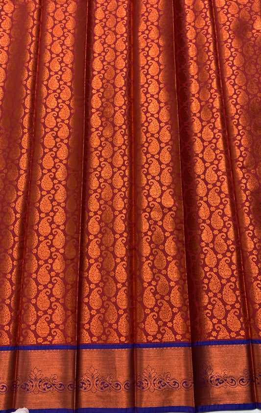 Vegan Silk Saree Dark Maroon Colour with Copper and Blue Border