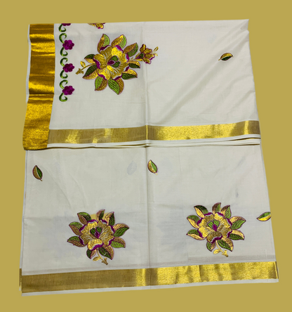 Kerala Cotton Saree Cream Colour with Floral Work Design