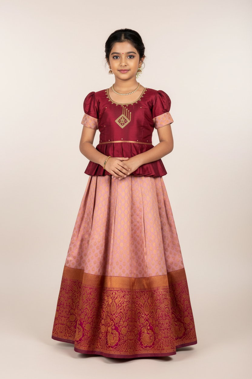 Ready To Wear Lavender Pavadai with Contrast Maroon Blouse
