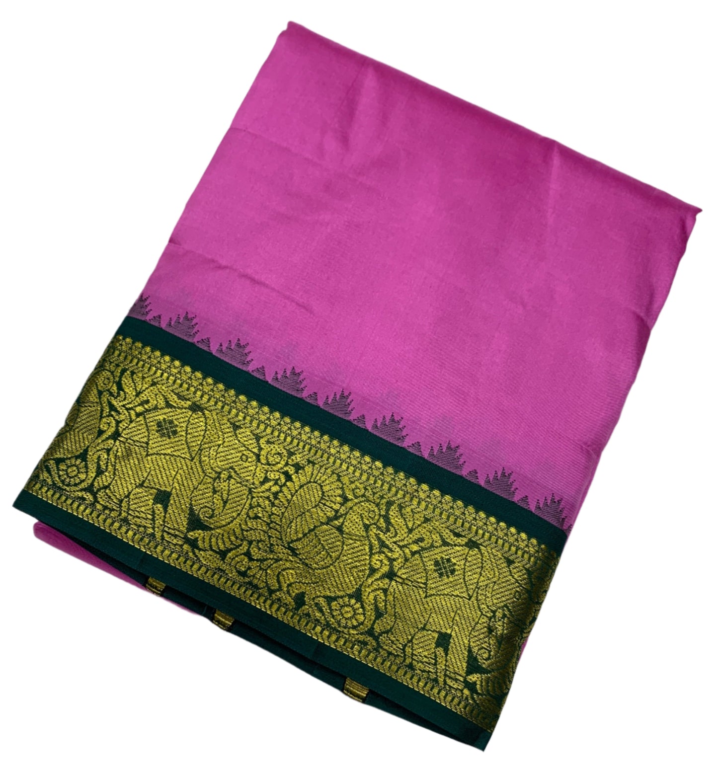 9X5 Pure Silk Dhoti Baby Pink Colour with Green and Maroon Ganga Jamuna Border