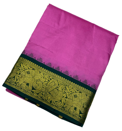 9X5 Pure Silk Dhoti Baby Pink Colour with Green and Maroon Ganga Jamuna Border