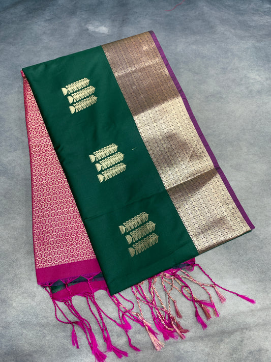 Soft Vegan Silk Saree Green Colour with Magenta and Sliver Border