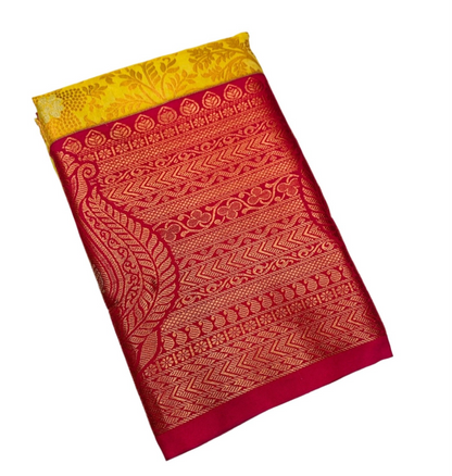 Vegan Silk Saree Yellow shade with Pink Border