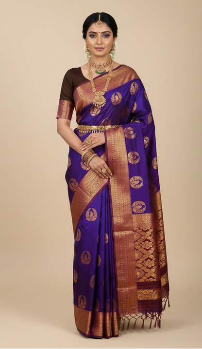 Soft Vegan Silk Saree Violet Colour with Brown and Copper Border