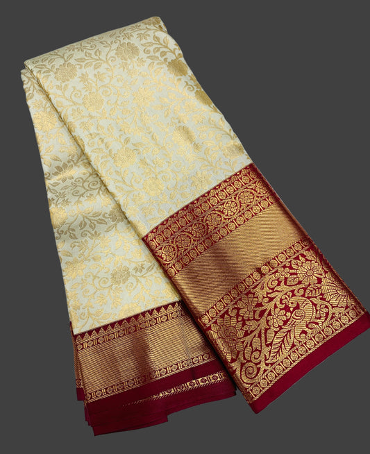 Vegan Silk Saree Ivory Colour with Maroon Colour Border