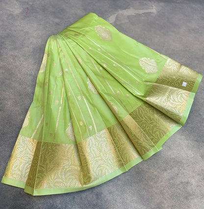 Soft Silk Casual Saree Pista Green with Sliver Zari Border