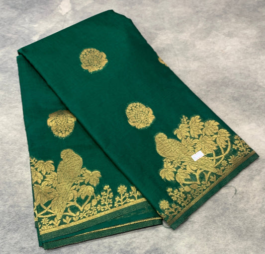Kora Silk Saree Green Colour with Flower Design Border