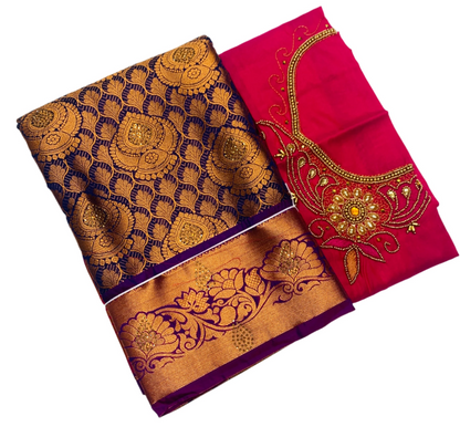 Bridal Vegan Silk Saree Violet shade with Purple Border with Unstitched blouse in Aari work