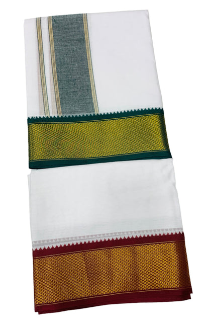 10X6 Cotton Dhoti White Colour with Large Green and Maroon Border