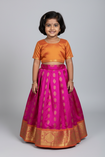 Pink Shade Pure Kanchipuram Kids Pattu Pavadai with Contrast Border for Newborn to 2 Years