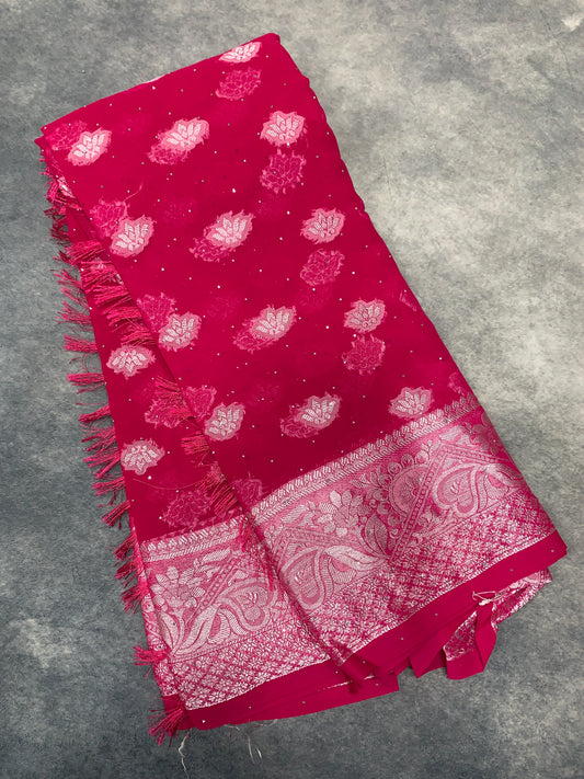 Georgette Saree Pink Colour with Sliver Floral Design Border