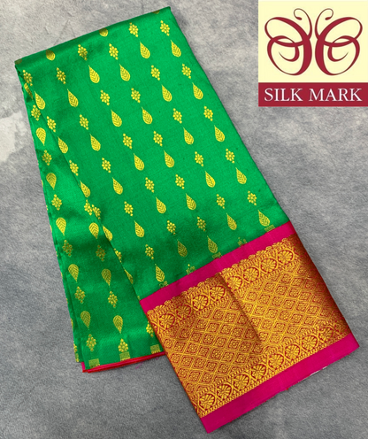 Light Green Shade Pure Kanchipuram Kids Pattu Pavadai with Contrast Border for Newborn to 2 Years