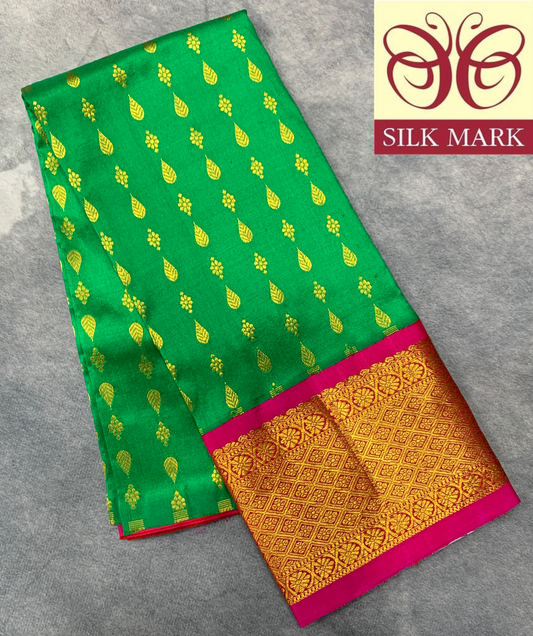 Light Green Shade Pure Kanchipuram Kids Pattu Pavadai with Contrast Border for Newborn to 2 Years