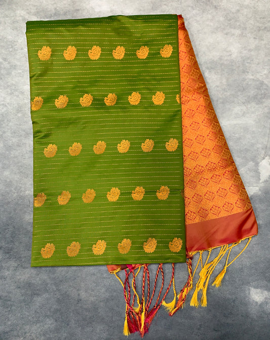 Soft Vegan Silk Saree Olive Green Colour with Light Peach and Copper Border