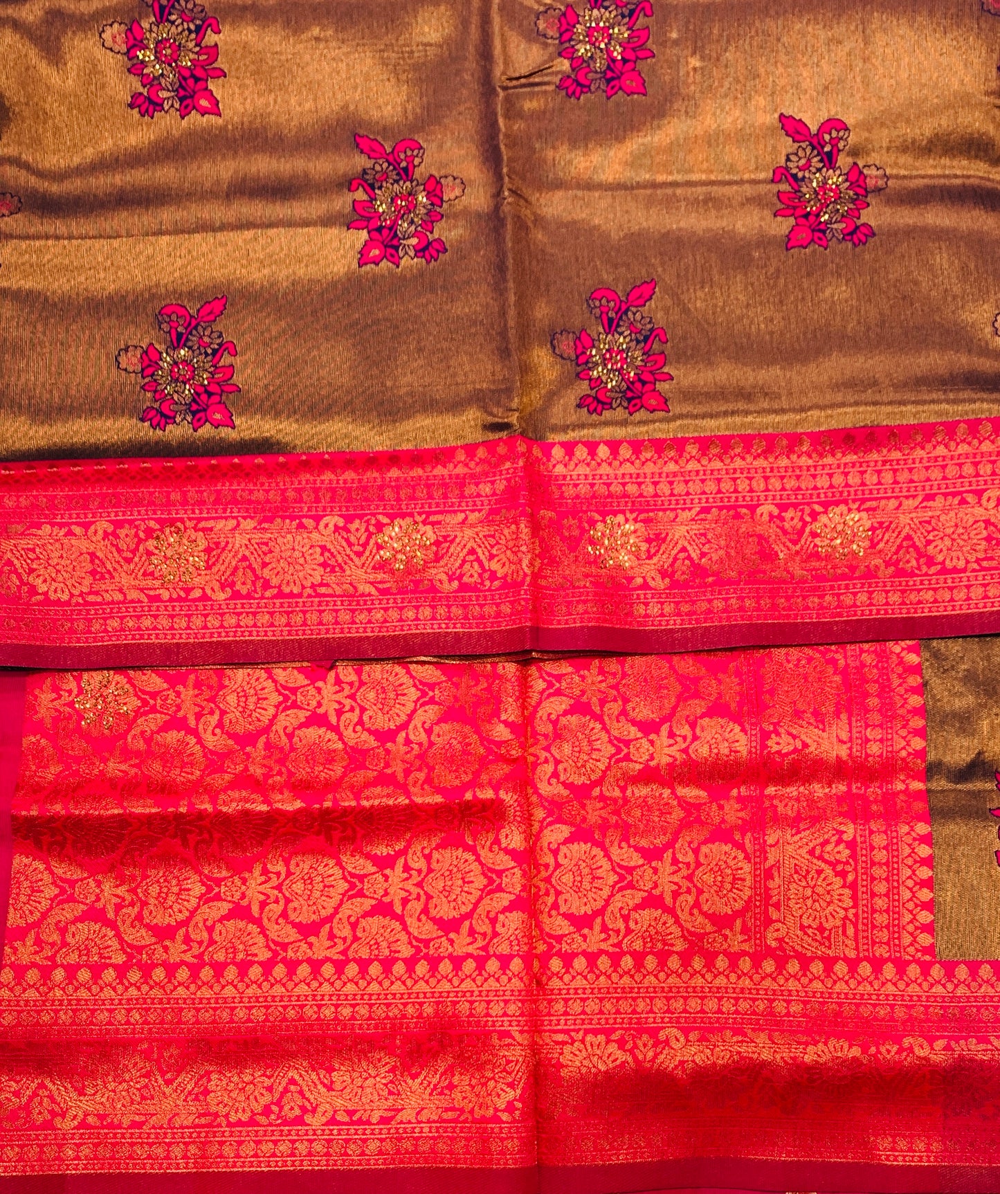 Art Silk Saree Russet Colour with Baby Pink Border