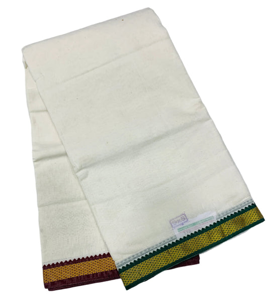 9X5 Cotton Dhoti White Colour with Green and Maroon Border