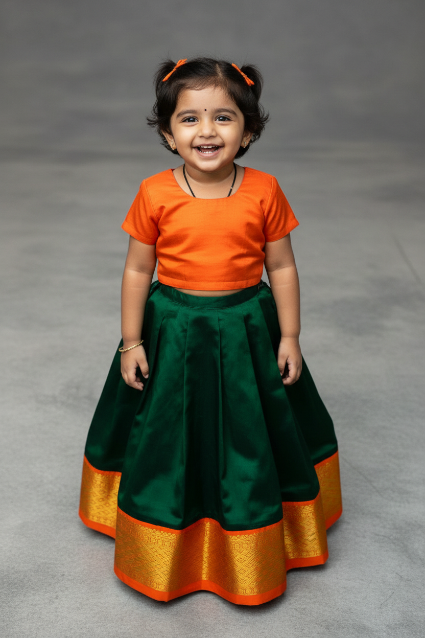 Green Shade Pure kanchipuram Kids Pattu Pavadai with Contrast Border for Newborn to 2 Years