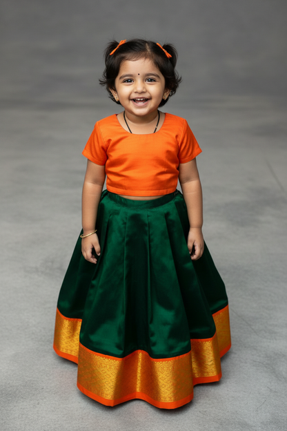 Green Shade Pure kanchipuram Kids Pattu Pavadai with Contrast Border for Newborn to 2 Years