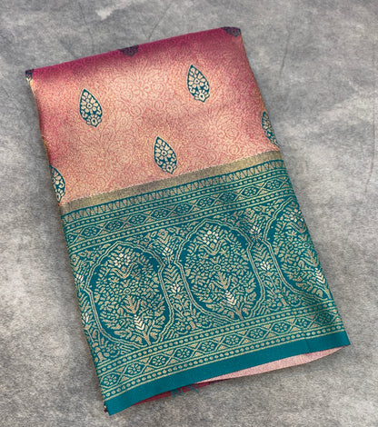 Fancy Tissue Saree Golden Pink Colour with Sapphire Border