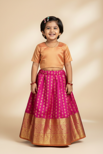 Pink Shade Pure Kanchipuram Kids Pattu Pavadai with Contrast Border for Newborn to 2 Years