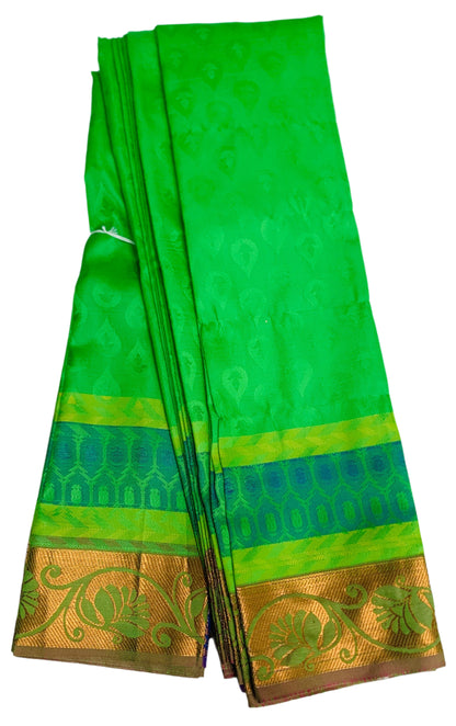 Synthetic Cotton Saree Light Green Shade with Golden Border and Floral Design