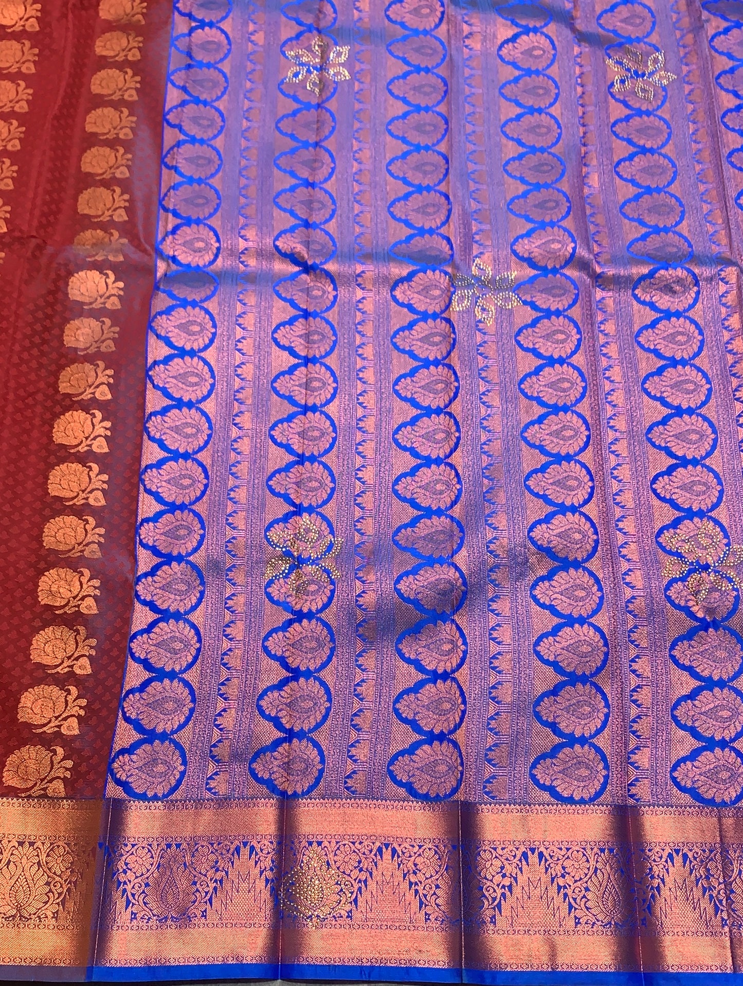 Vegan Silk Saree Maroon Colour with Copper Floral Design Border