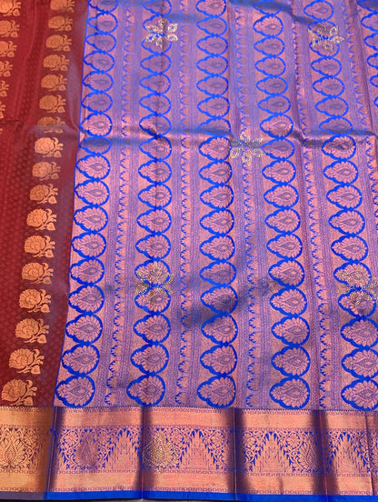 Vegan Silk Saree Maroon Colour with Copper Floral Design Border