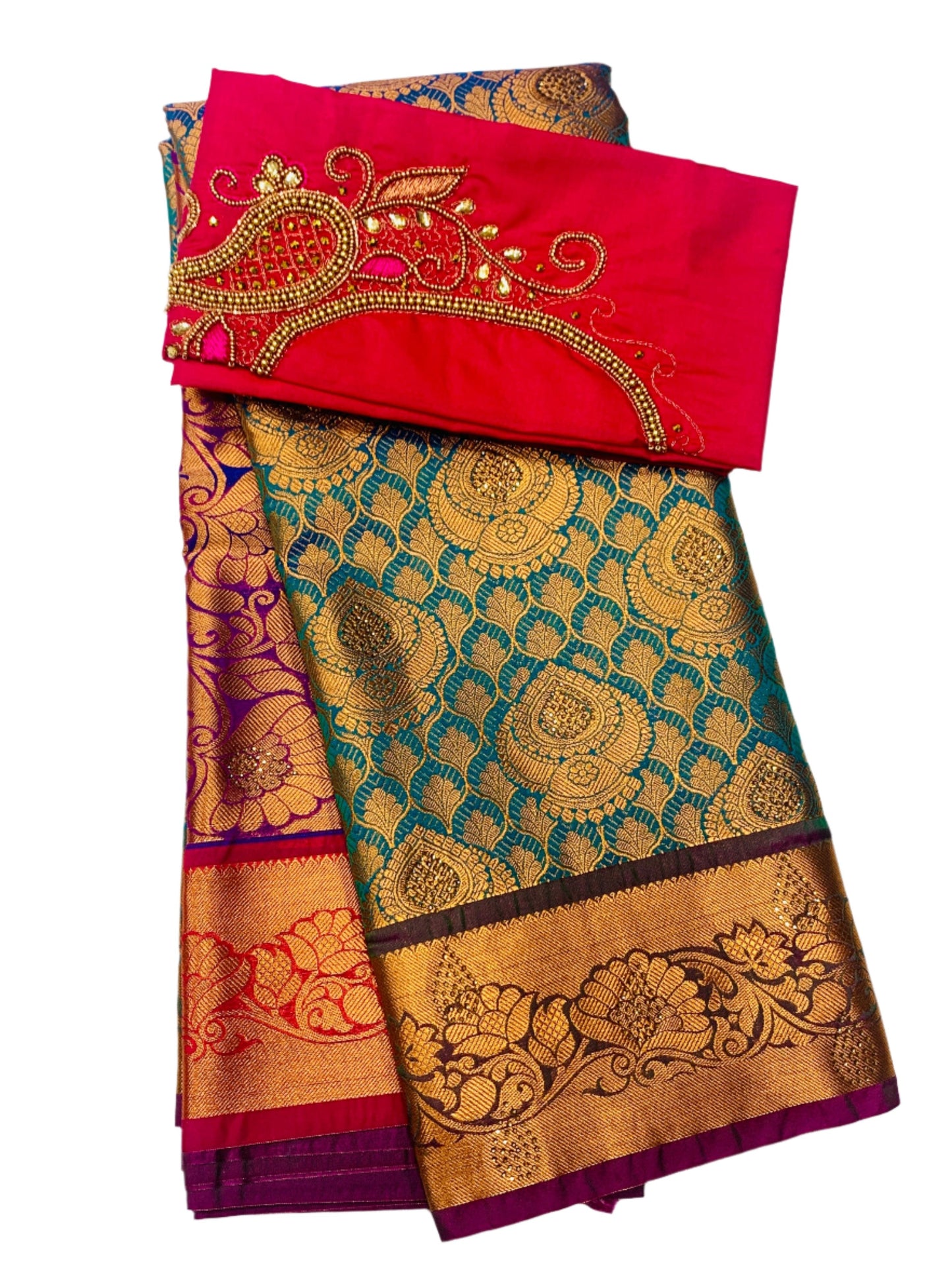 Bridal Vegan Silk Saree Pastel Green shade with Purple Border with Unstitched blouse in Aari work