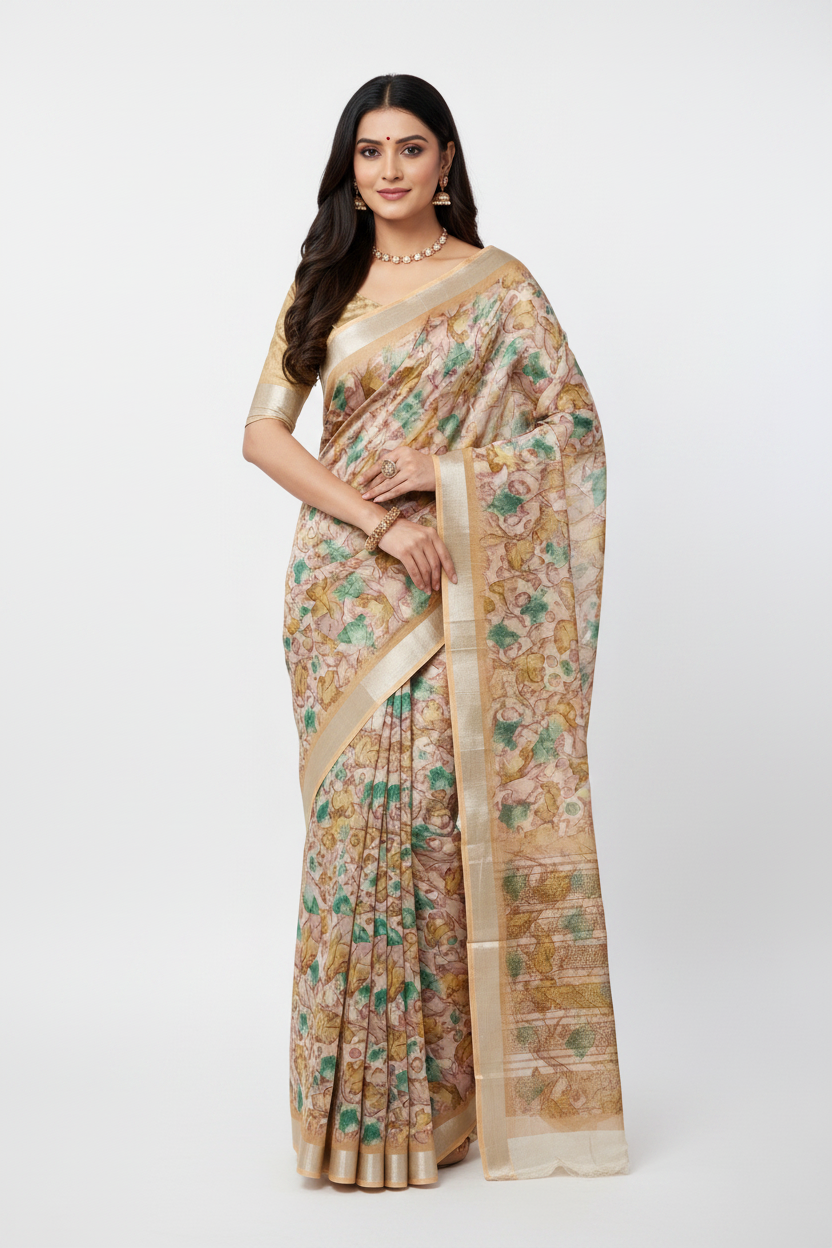Jute Cotton Saree Brown Shade with Thread Border