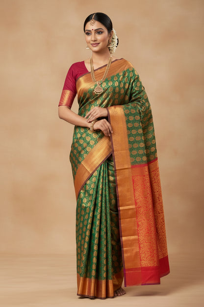 Vegan Silk Saree Green Colour with Magenta and Copper Border