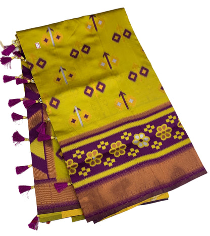 Pochampalli Semi Silk Saree Lemon Yellow Colour with Magenta Border