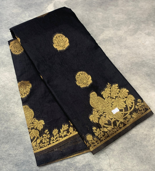 Kora Silk Saree Black Colour with Flower and Parrot Design Border