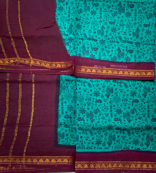 Chettinad Sungudi Cotton Rama Green Colour with Magenta Border