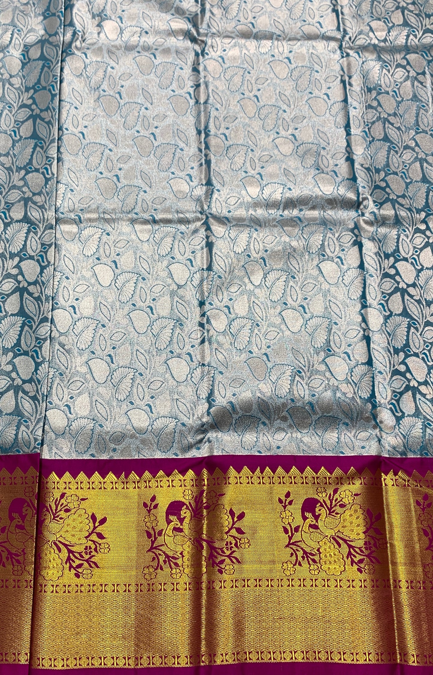 Sky Blue Shade Vegan Silk unstitched Pattu Pavadai material for age Above 10 years