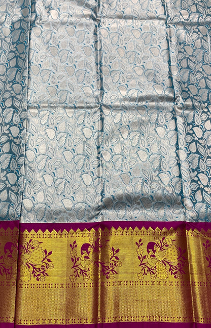 Sky Blue Shade Vegan Silk unstitched Pattu Pavadai material for age Above 10 years