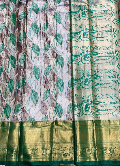 Green & Brown Leaf Soft Kanchi Tissue Pattu Saree with Green Border