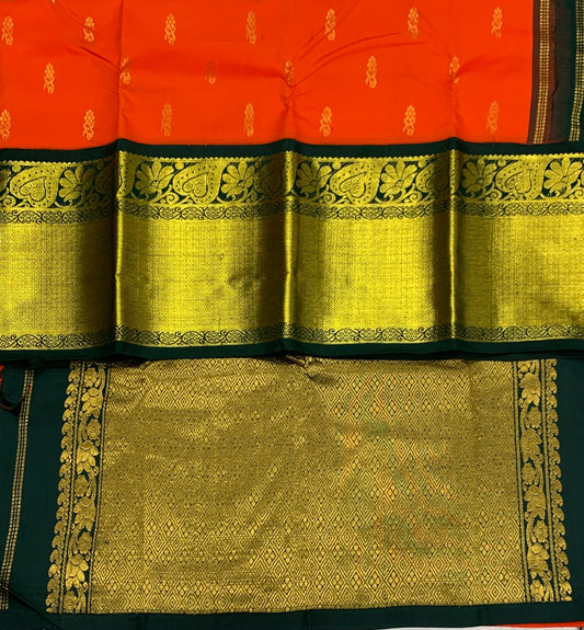 Pure Kanchipuram Silk Saree Orange Colour with Dark Green Border