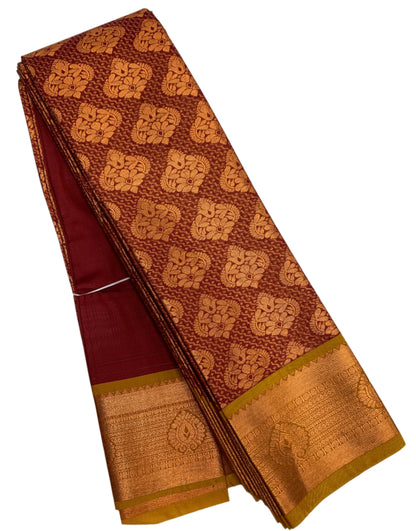 Vegan Silk Saree Maroon Colour with Copper and Golden Yellow Colour Border
