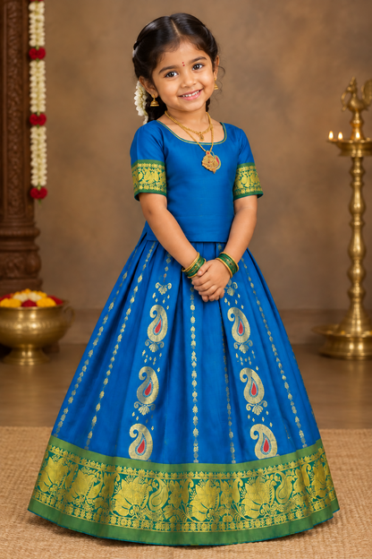 Sky Blue Shade Semi silk Kids Pattu Pavadai with Contrast border for age 5 to 10