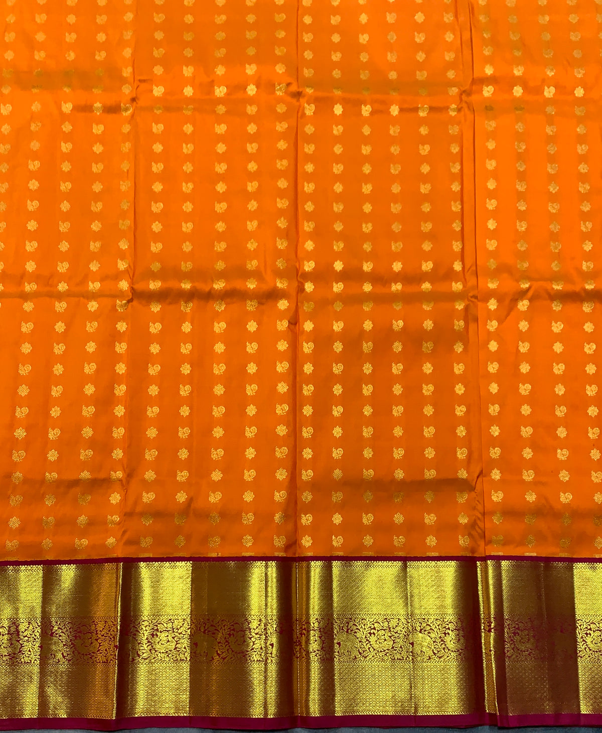 Rust Orange Shade Pure Kanchipuram Kids Pattu Pavadai with Contrast Border for age 5 to 10