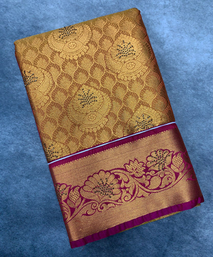 Vegan Silk Saree Golden Yellow Colour with Copper and Pink Border