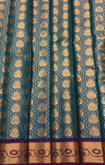 Vegan Silk Saree Peacock Blue Colour with Copper and Magenta Border