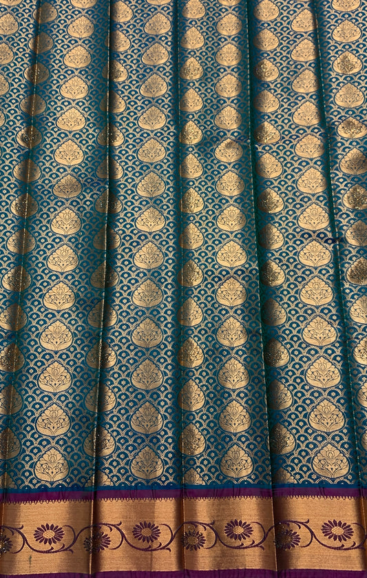 Vegan Silk Saree Peacock Blue Colour with Copper and Magenta Border