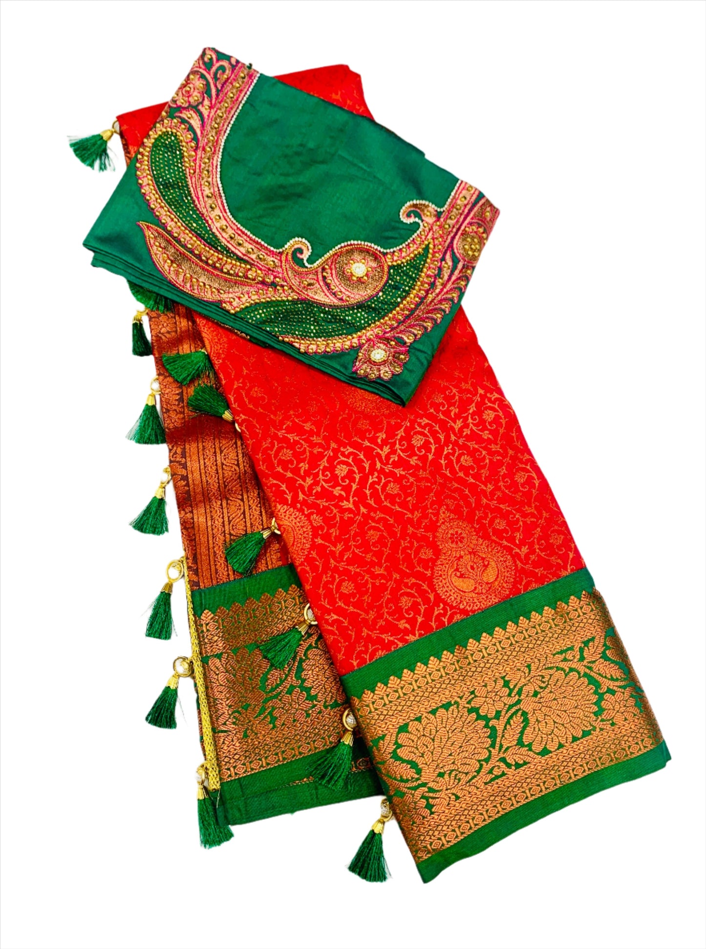 Bridal Vegan Silk Saree Red shade with Green Border with Unstitched blouse in Aari work