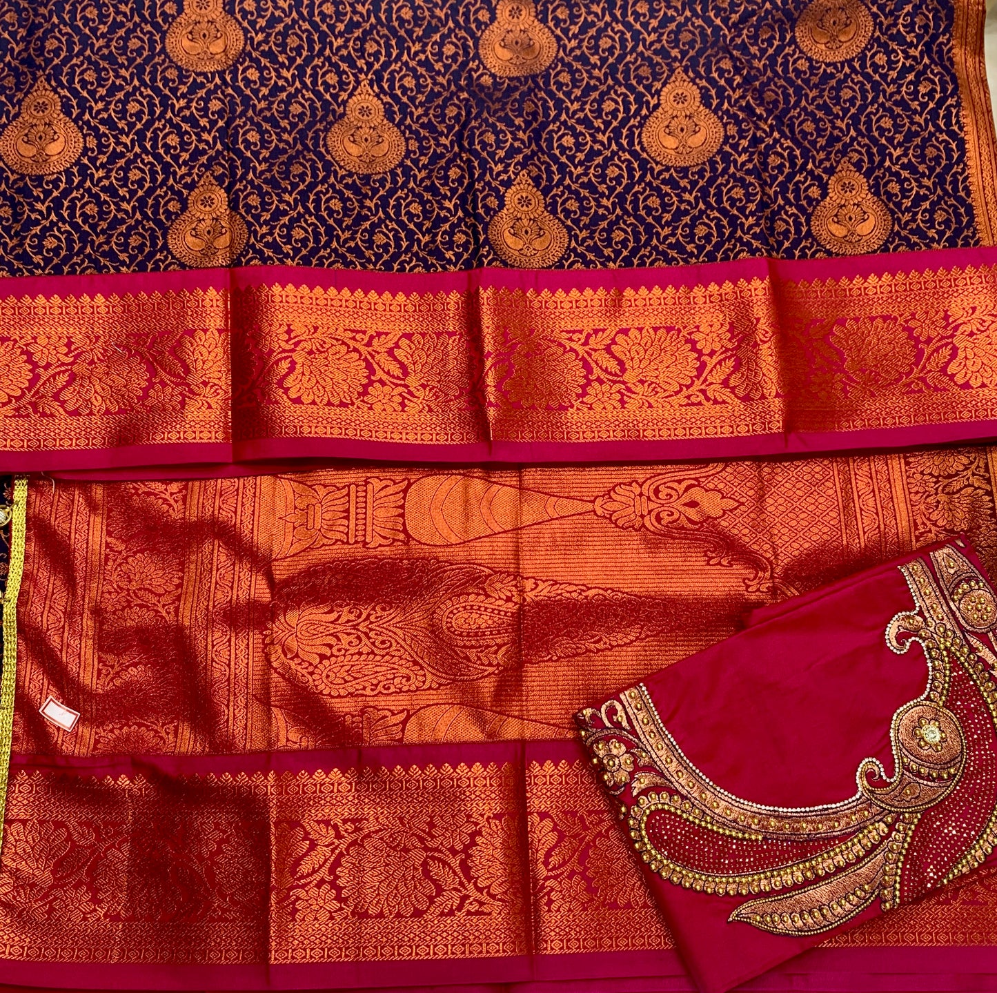 Bridal Vegan Silk Saree Navy Blue shade with Pink Border with Unstitched blouse in Aari work