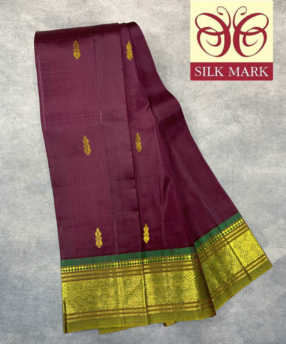 Pure Kanchipuram Silk Saree Brown Colour with Olive Green Border